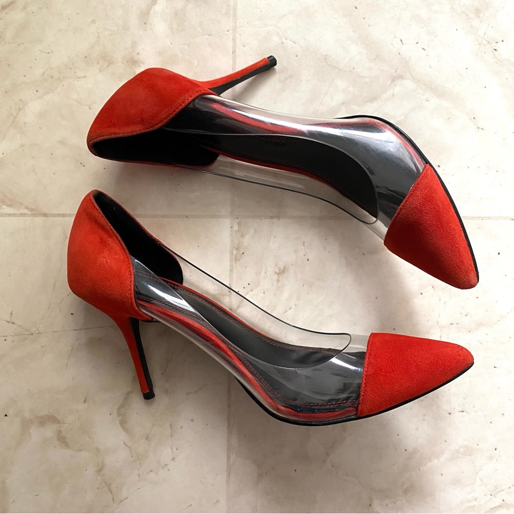 $340 Sandro Orange Suede Clear Vinyl Pointed Toe Pumps Heels Size 9.5/40 - Picture 4 of 14